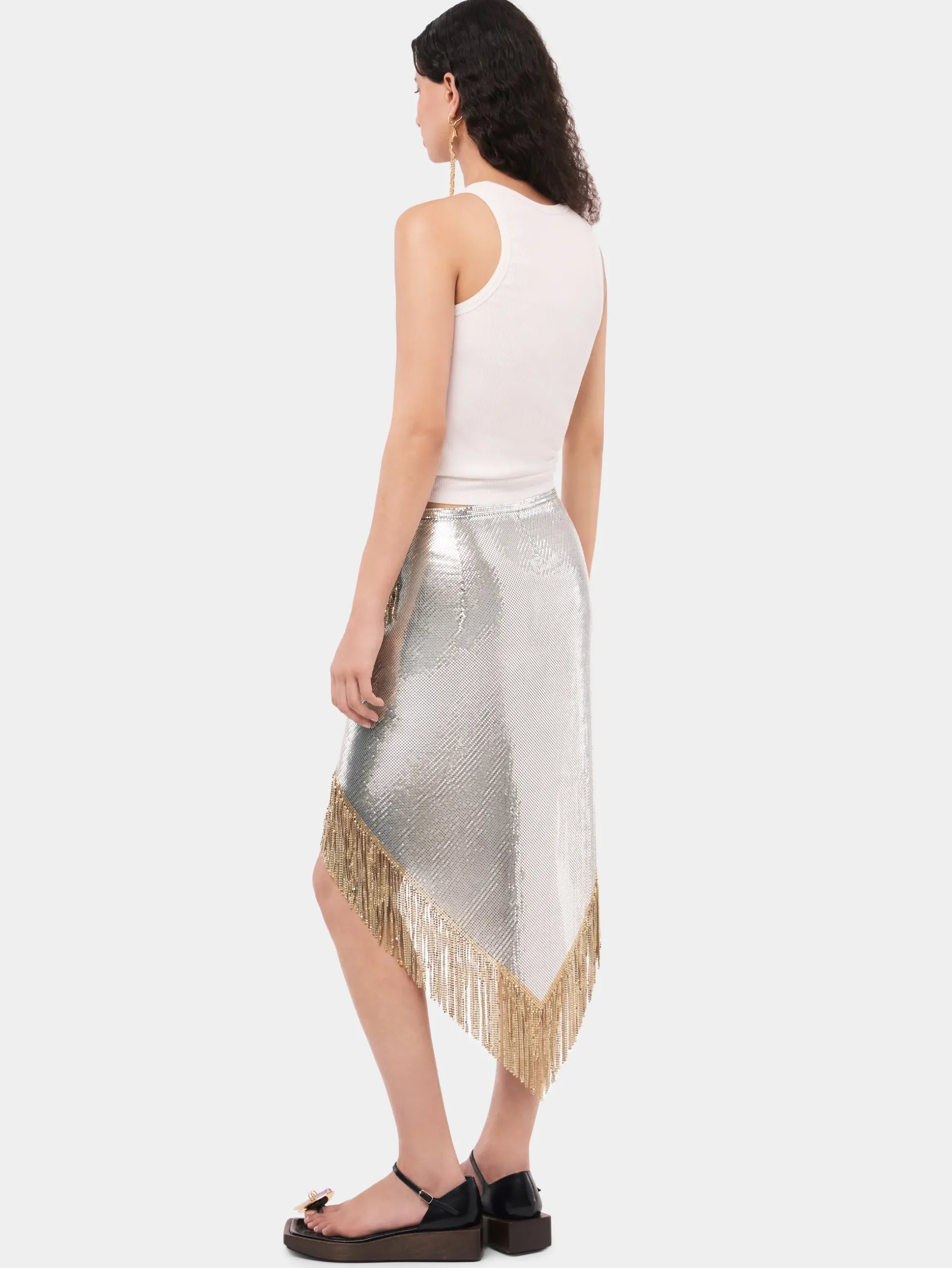Asymetrical chainmail skirt with golden metalic fringes | Rabanne Online