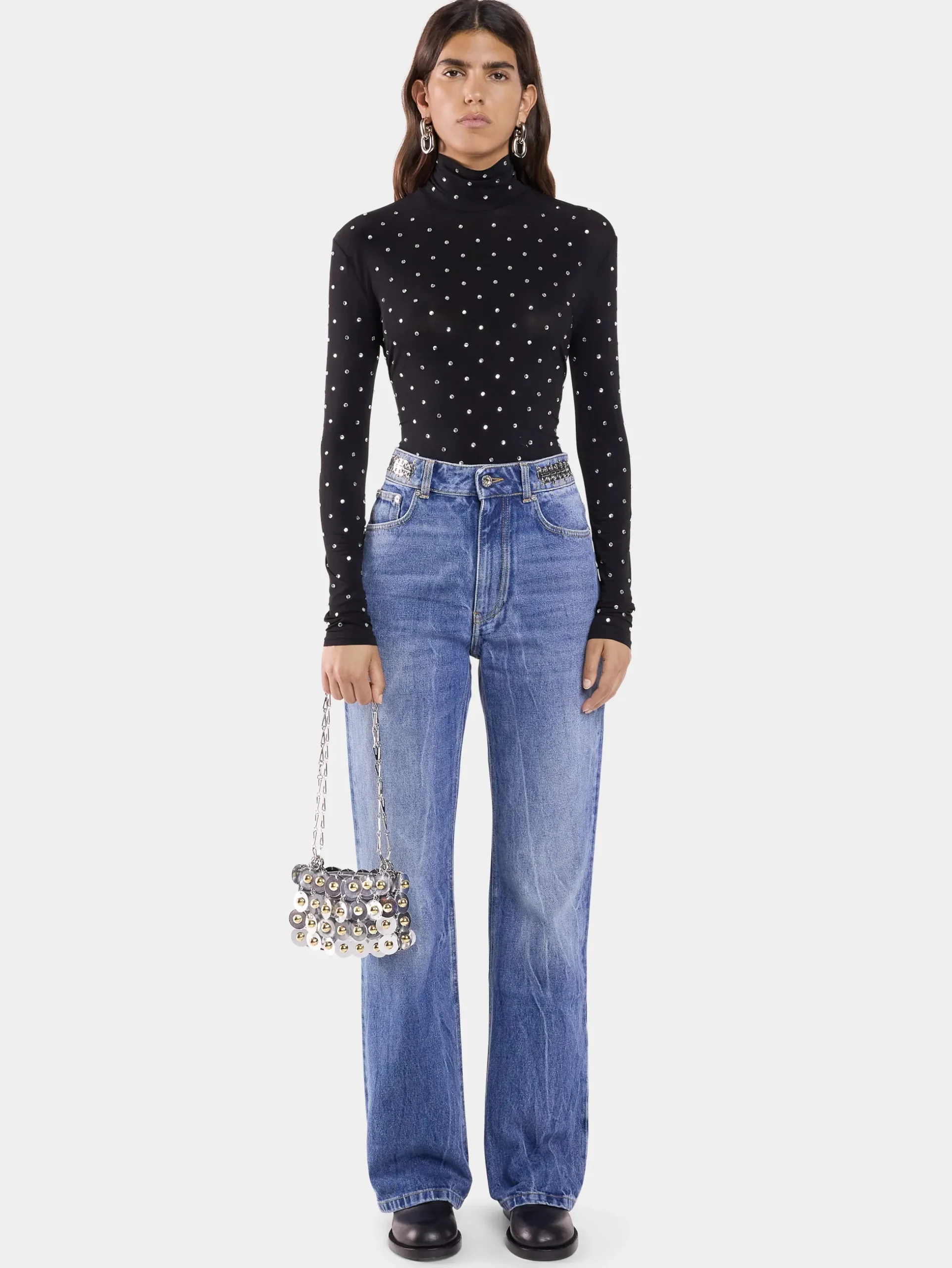 BLACK CRYSTAL-EMBELLISHED TOP IN SECOND-SKIN JERSEY | Rabanne Sale