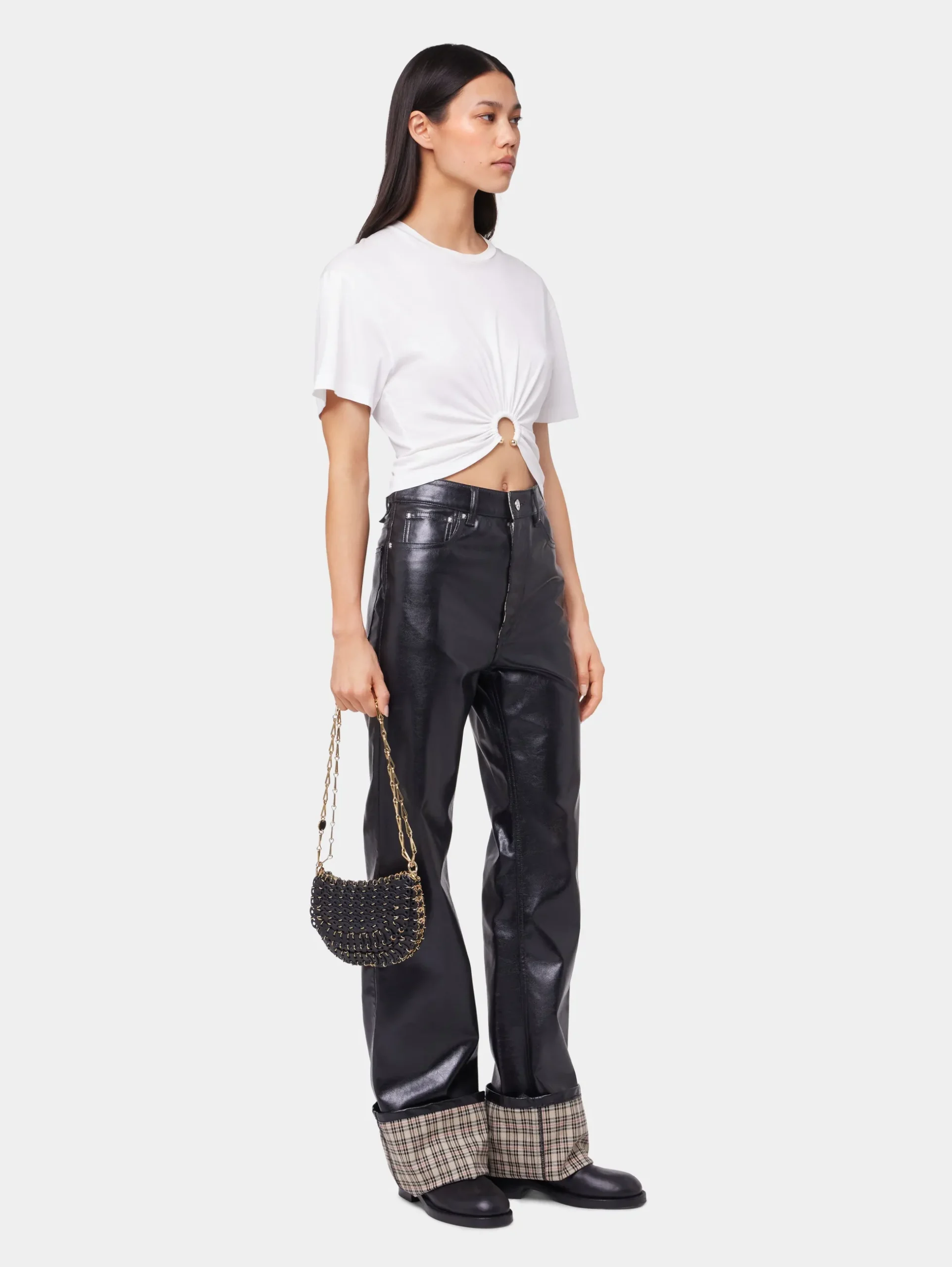 BLACK FLARED TROUSERS IN IMITATION LEATHER | Rabanne Flash Sale