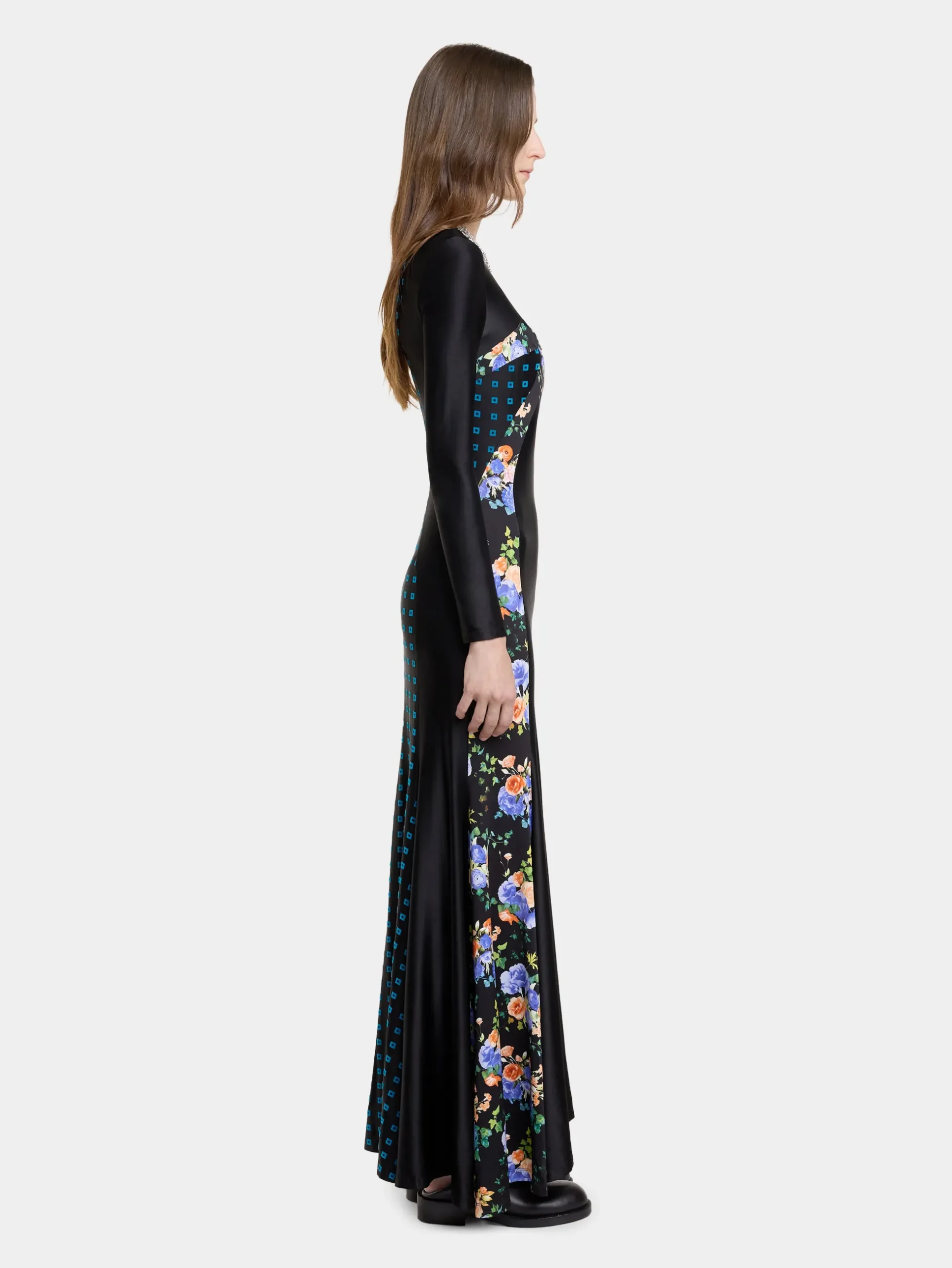 BLACK FLORAL LONG DRESS IN JERSEY | Rabanne Store