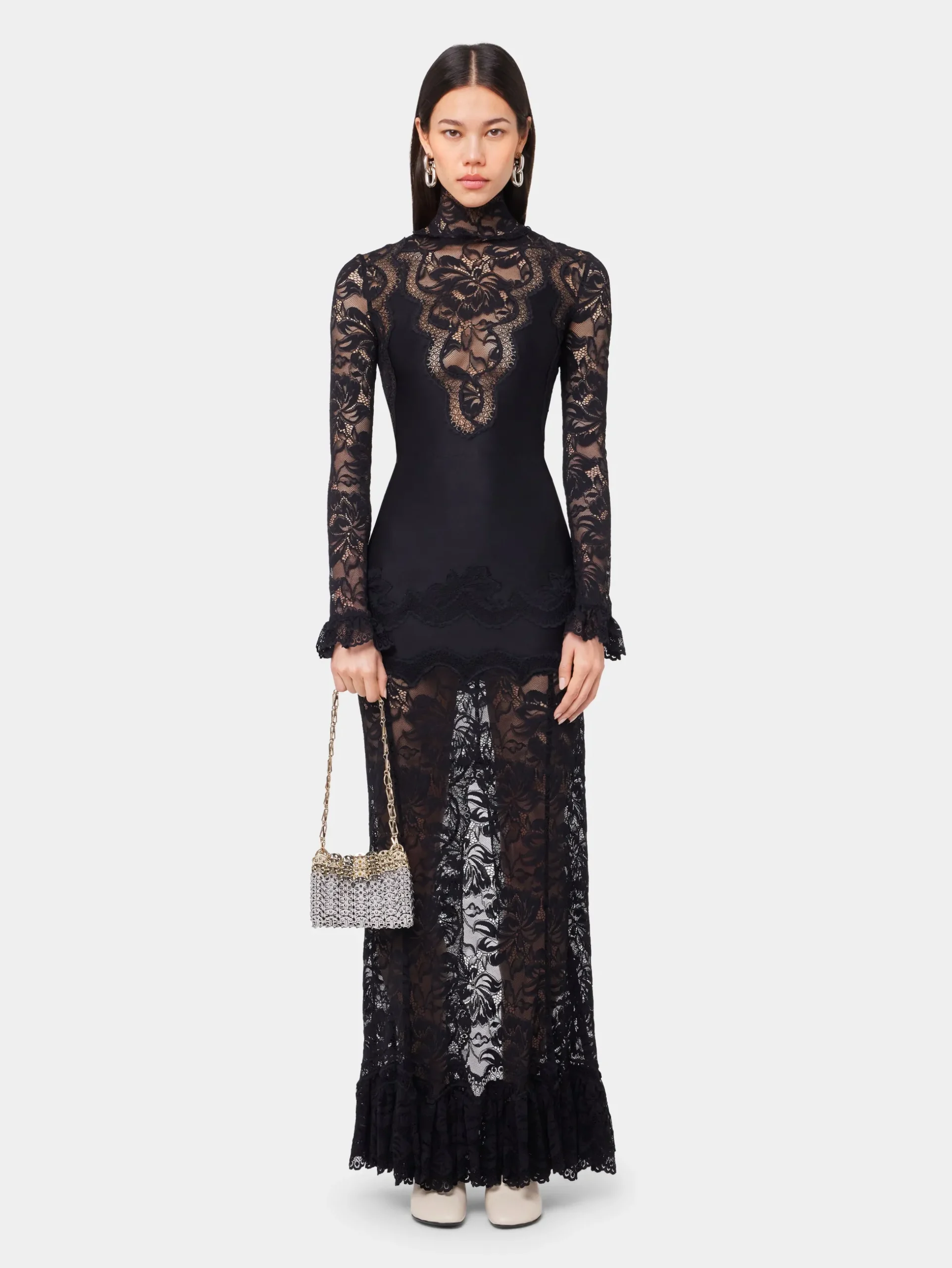 BLACK LONG DRESS IN LACE AND JERSEY | Rabanne Flash Sale