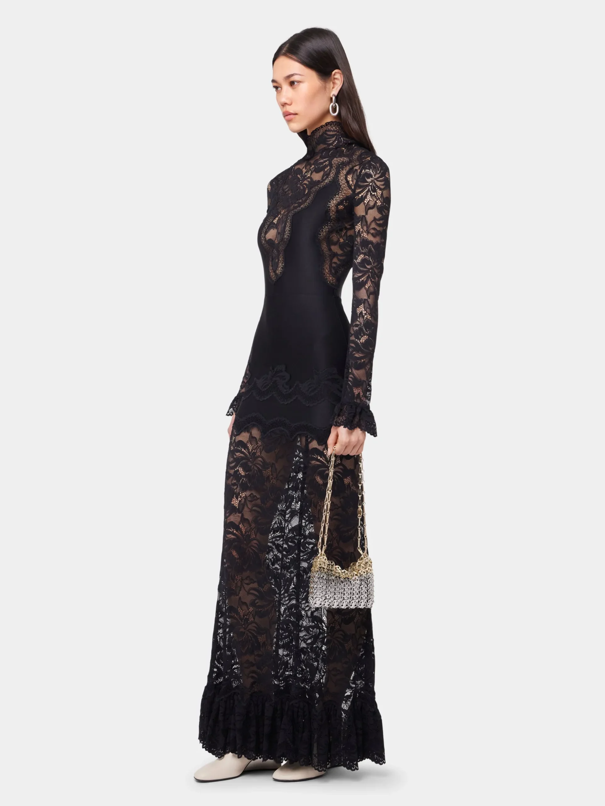 BLACK LONG DRESS IN LACE AND JERSEY | Rabanne Flash Sale