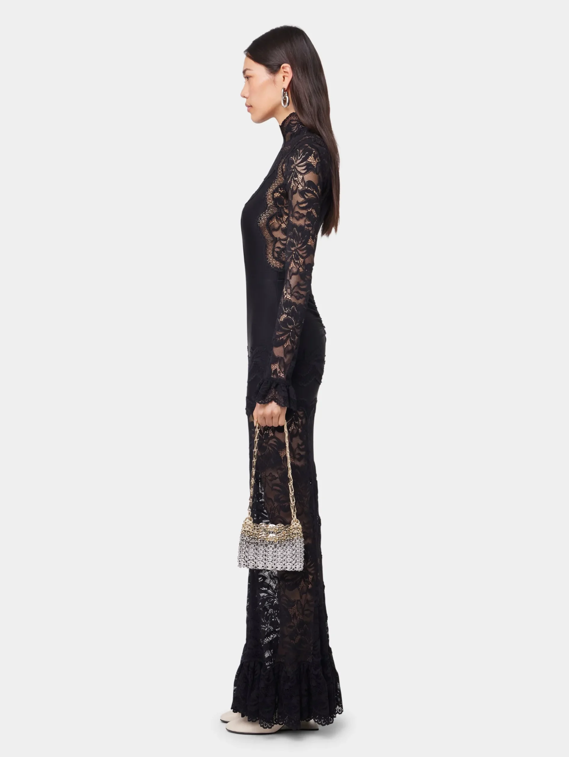 BLACK LONG DRESS IN LACE AND JERSEY | Rabanne Flash Sale