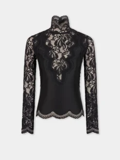 BLACK LONG SLEEVE TOP IN LACE AND JERSEY | Rabanne Fashion