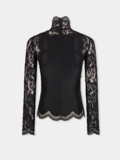 BLACK LONG SLEEVE TOP IN LACE AND JERSEY | Rabanne Fashion