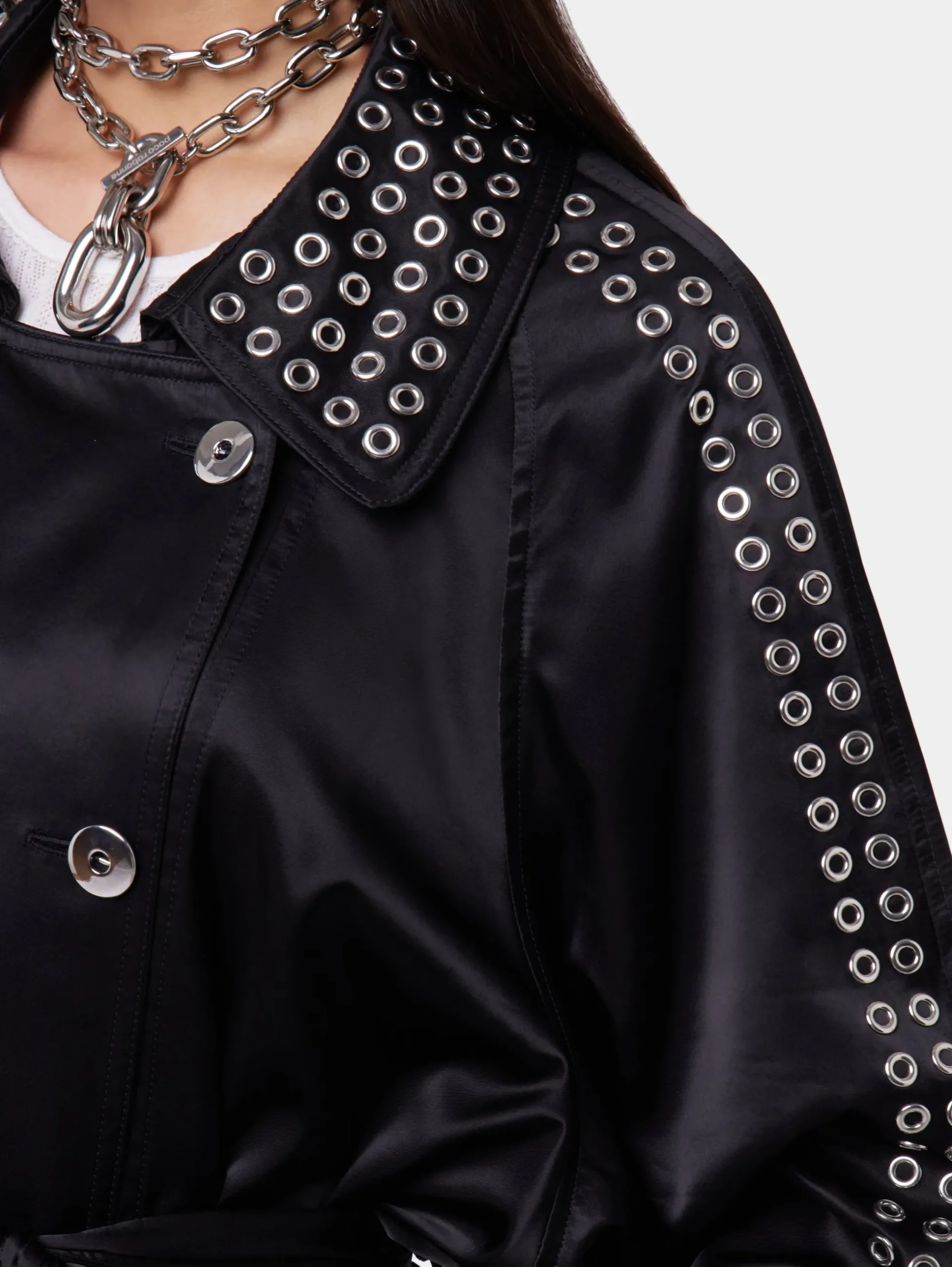 BLACK LONG TRENCH COAT IN SATIN | Rabanne Hot