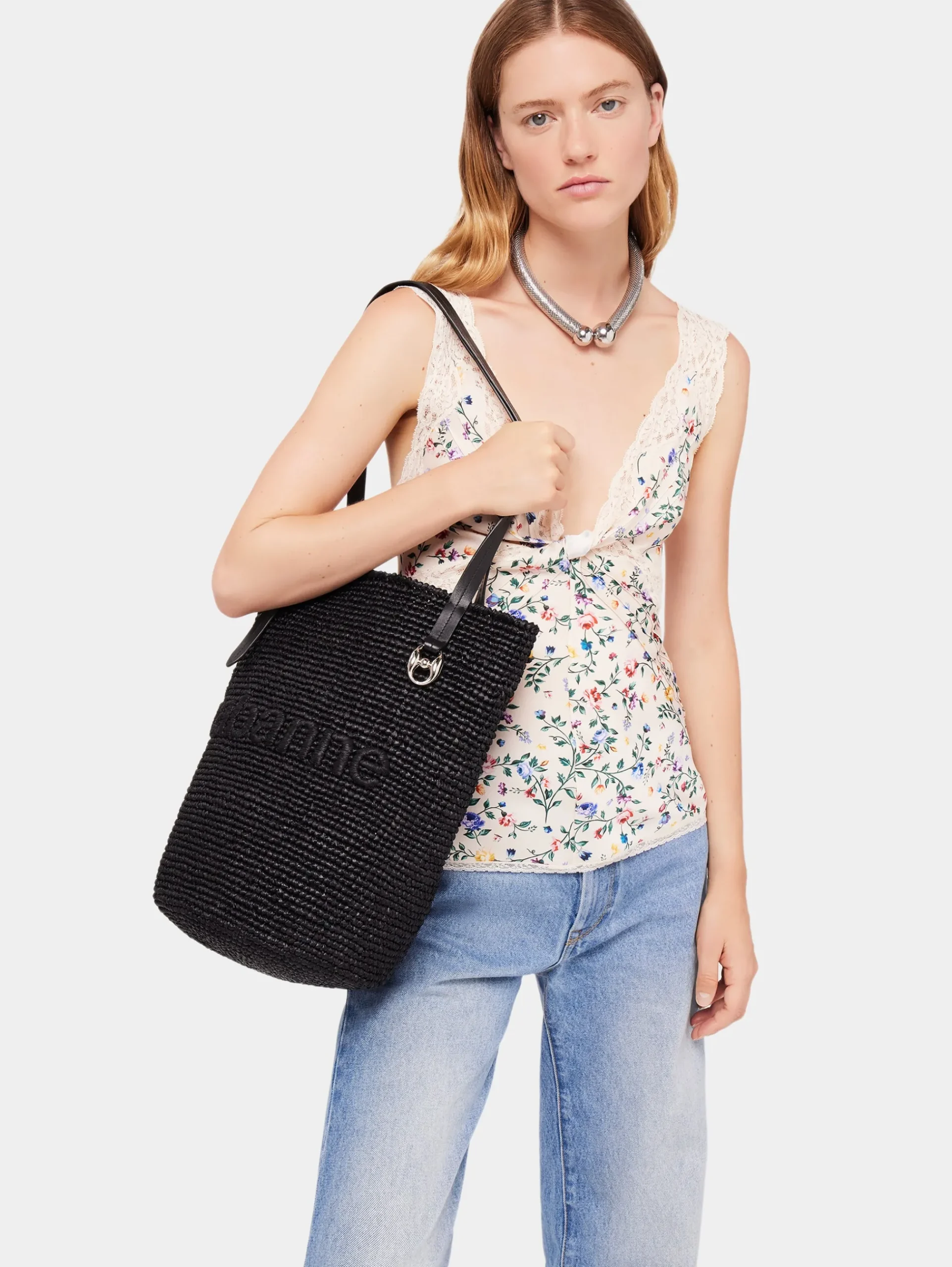 Black Raffia Tote Bag with logo | Rabanne Shop