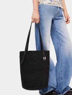 Black Raffia Tote Bag with logo | Rabanne Shop