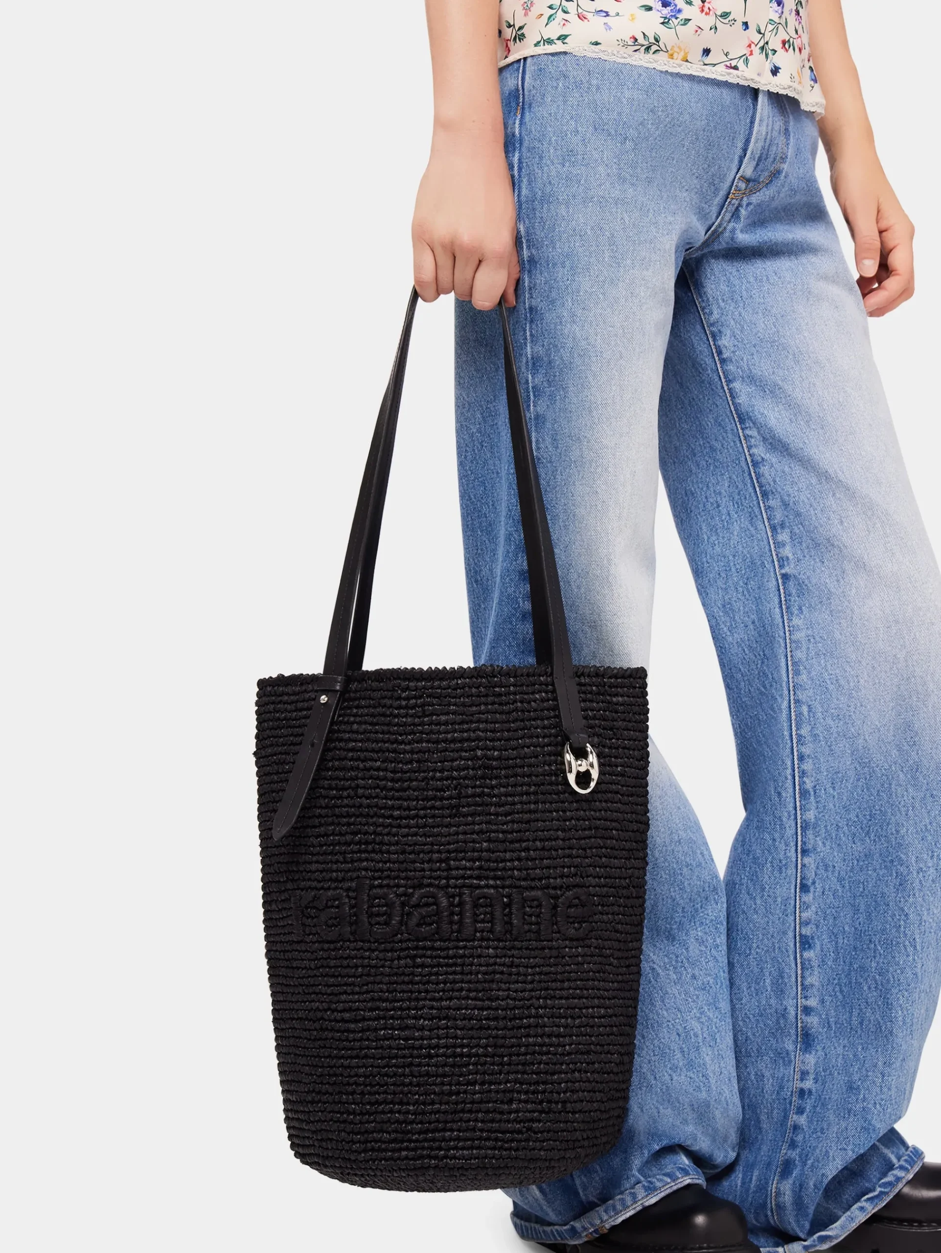 Black Raffia Tote Bag with logo | Rabanne Shop