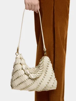 CREAM PACO SHOULDER CLUTCH IN CALFSKIN LEATHER | Rabanne Shop