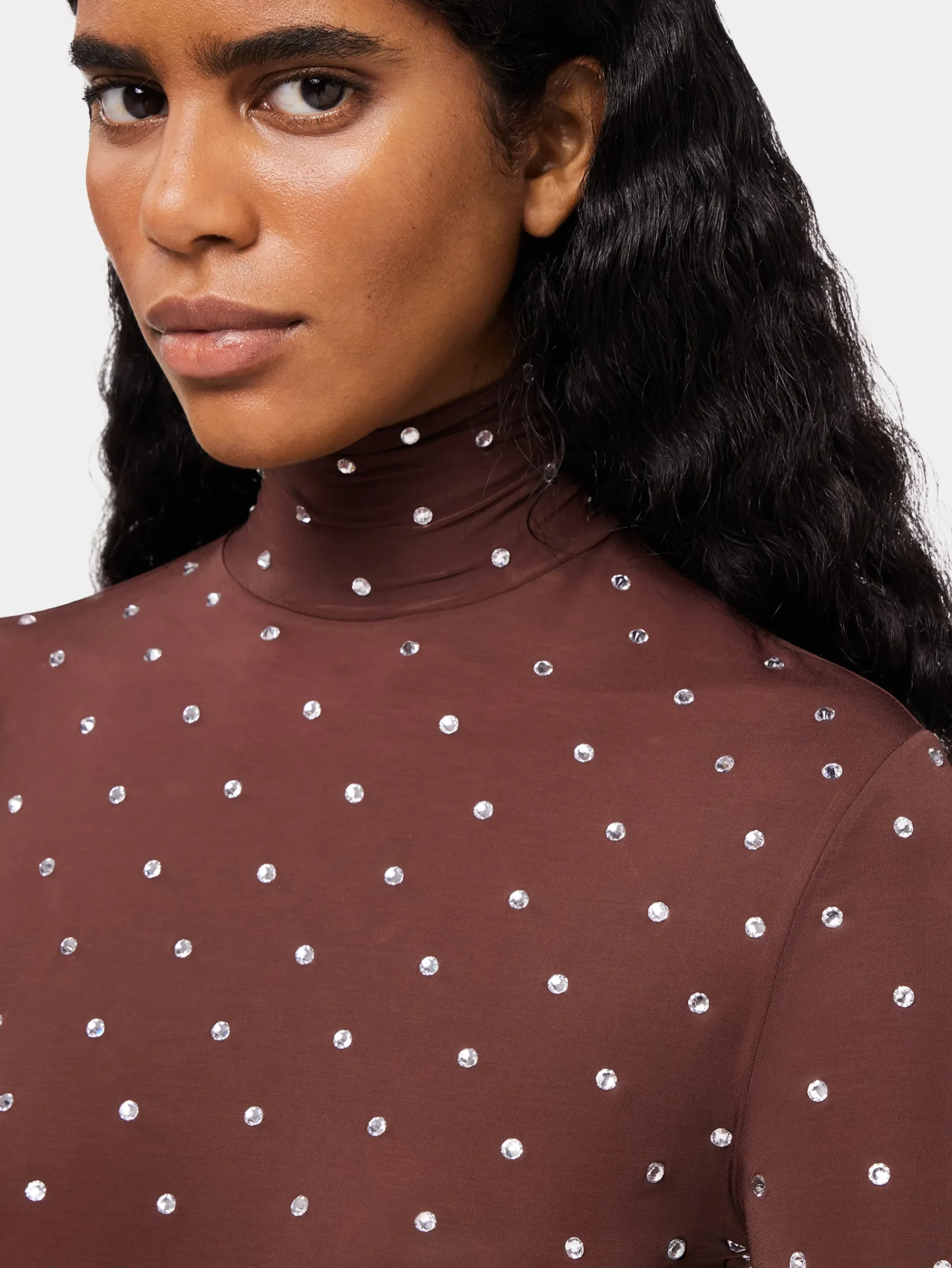 Crystals-embellished chocolate turtleneck top | Rabanne Hot