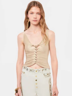 Drapped raffia colored top with metallic details | Rabanne Online