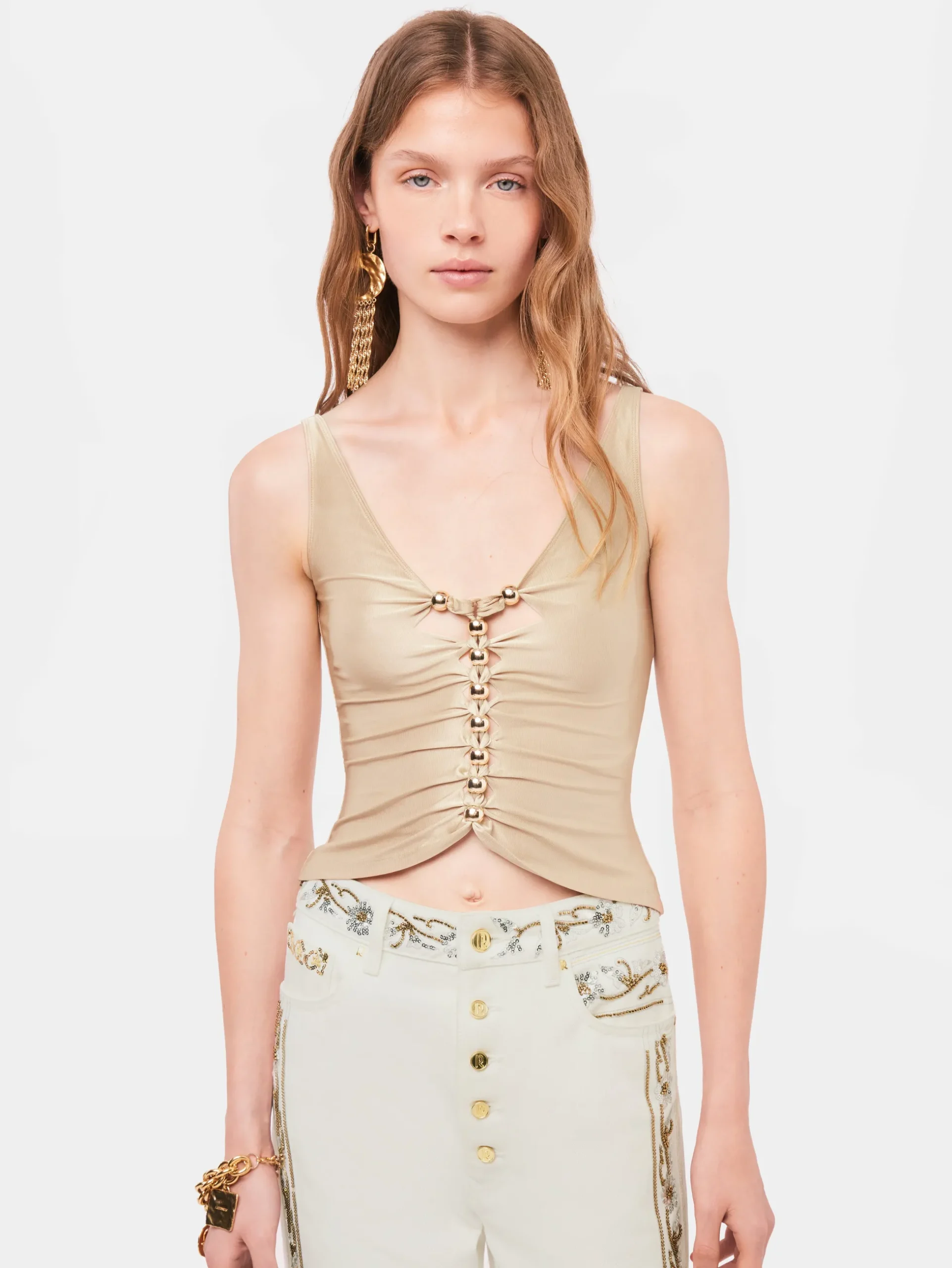 Drapped raffia colored top with metallic details | Rabanne Online