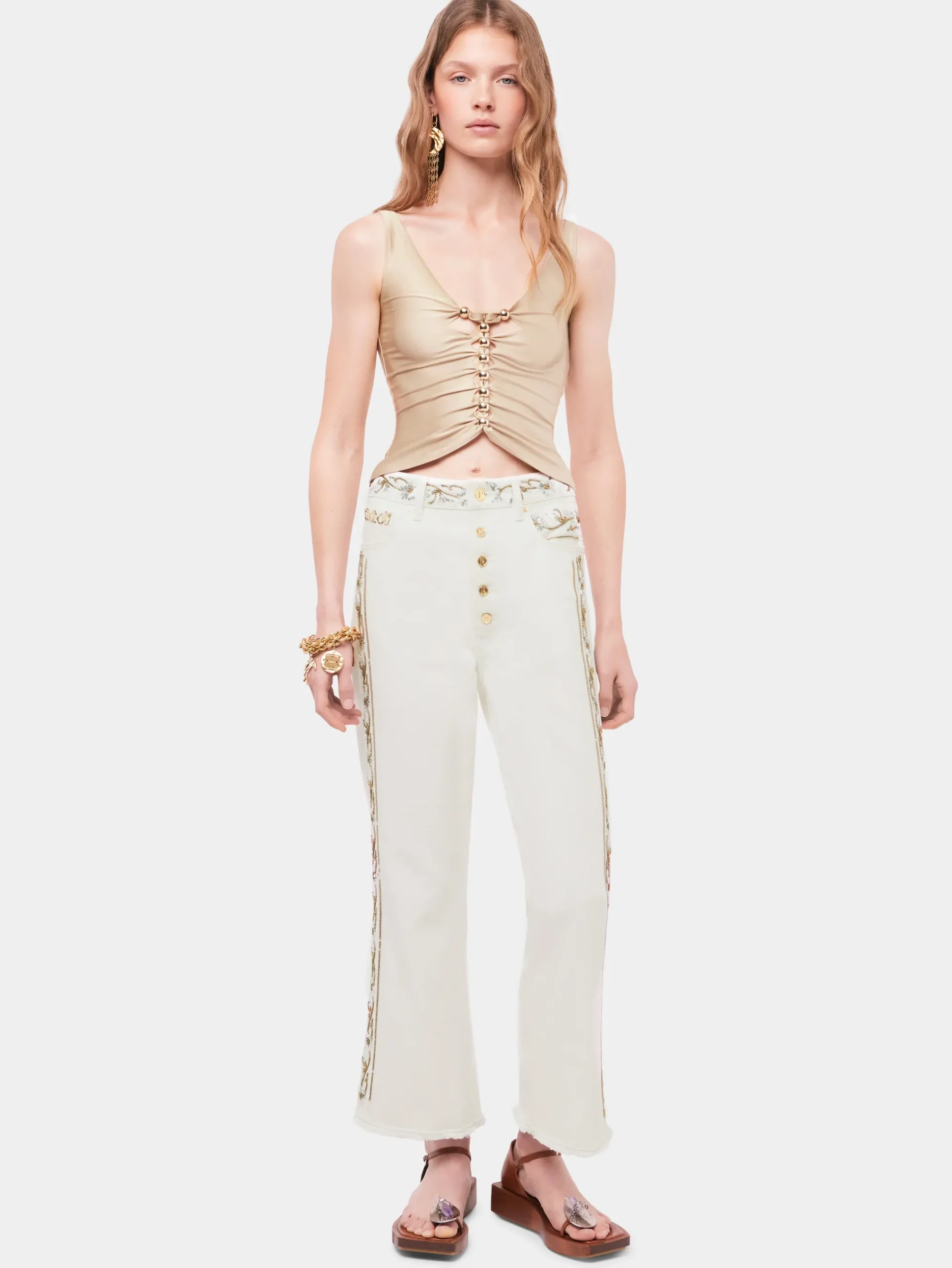 Drapped raffia colored top with metallic details | Rabanne Online