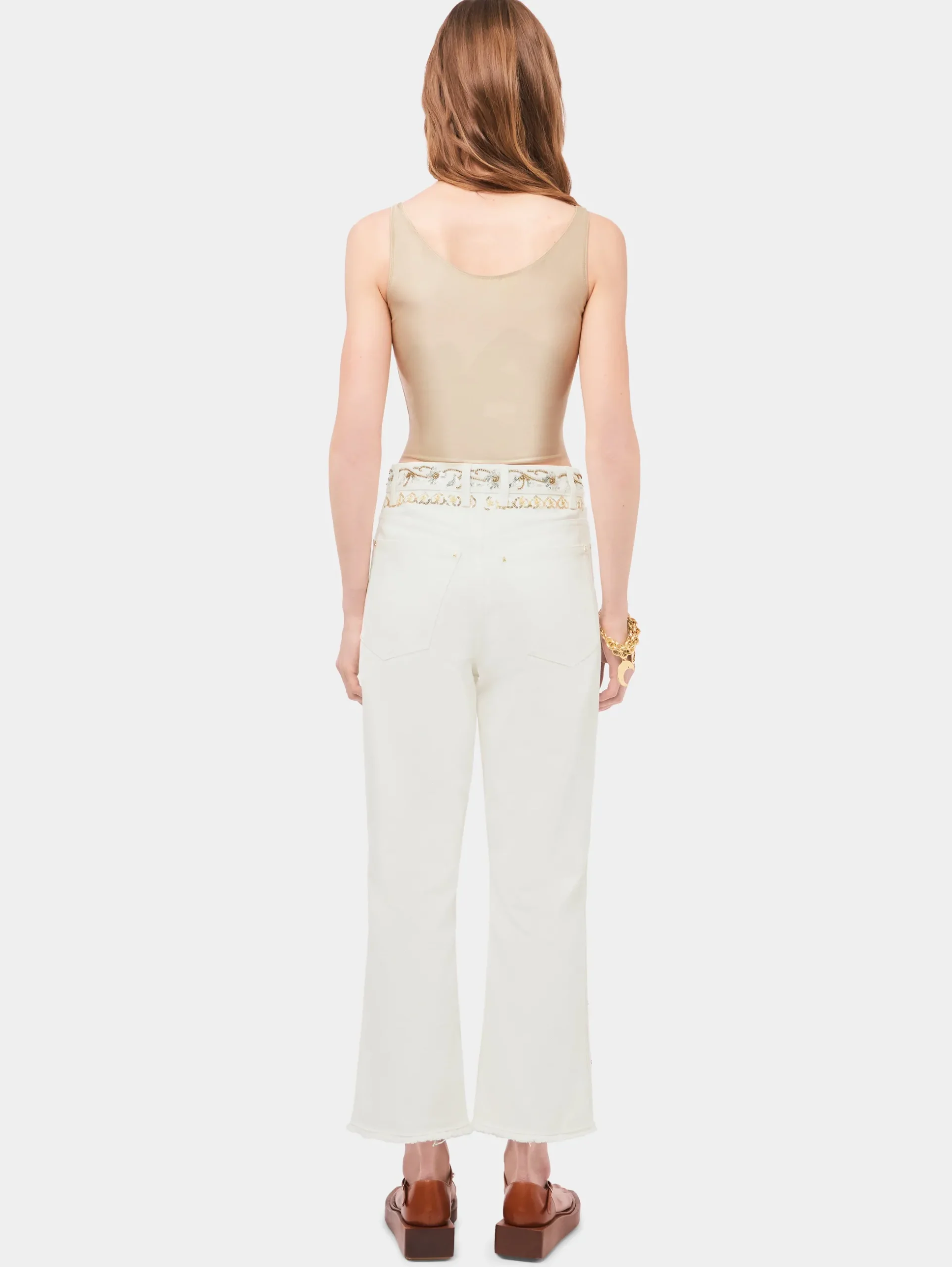 Drapped raffia colored top with metallic details | Rabanne Online
