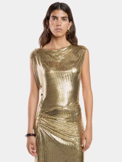 Gold chainmail drapé pression dress | Rabanne New