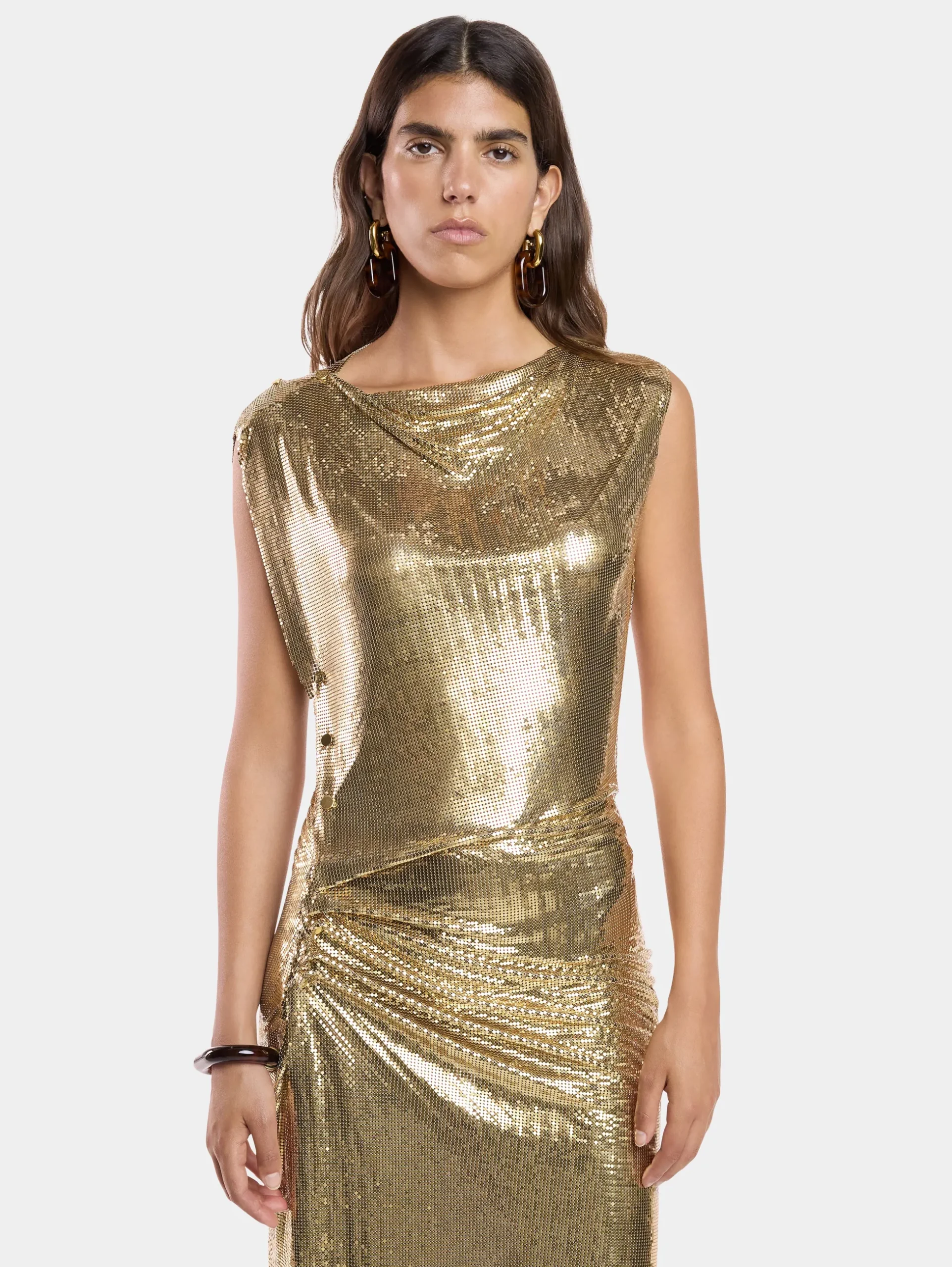 Gold chainmail drapé pression dress | Rabanne New