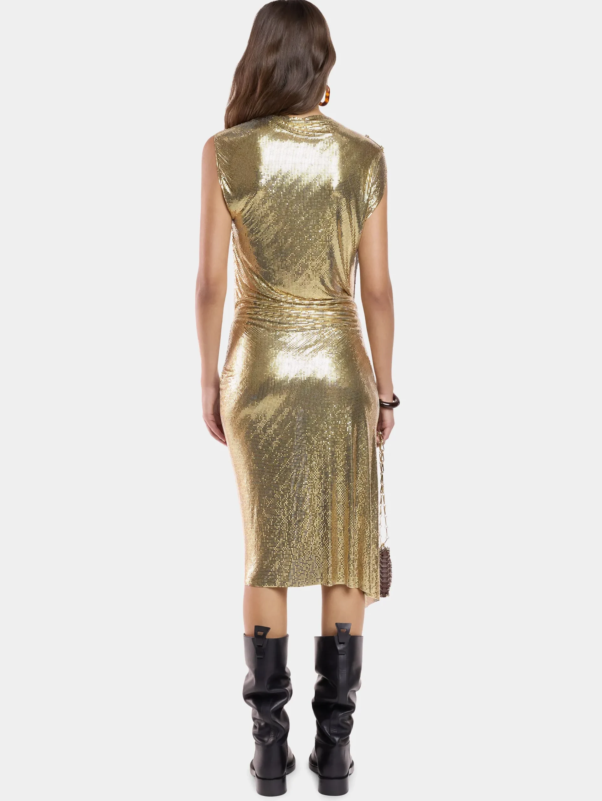 Gold chainmail drapé pression dress | Rabanne New