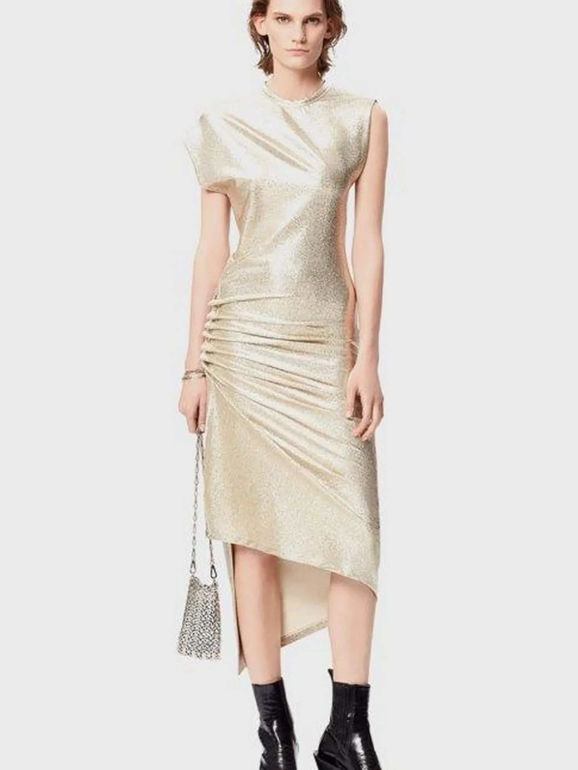 Gold drapé pression dress in lurex | Rabanne Outlet