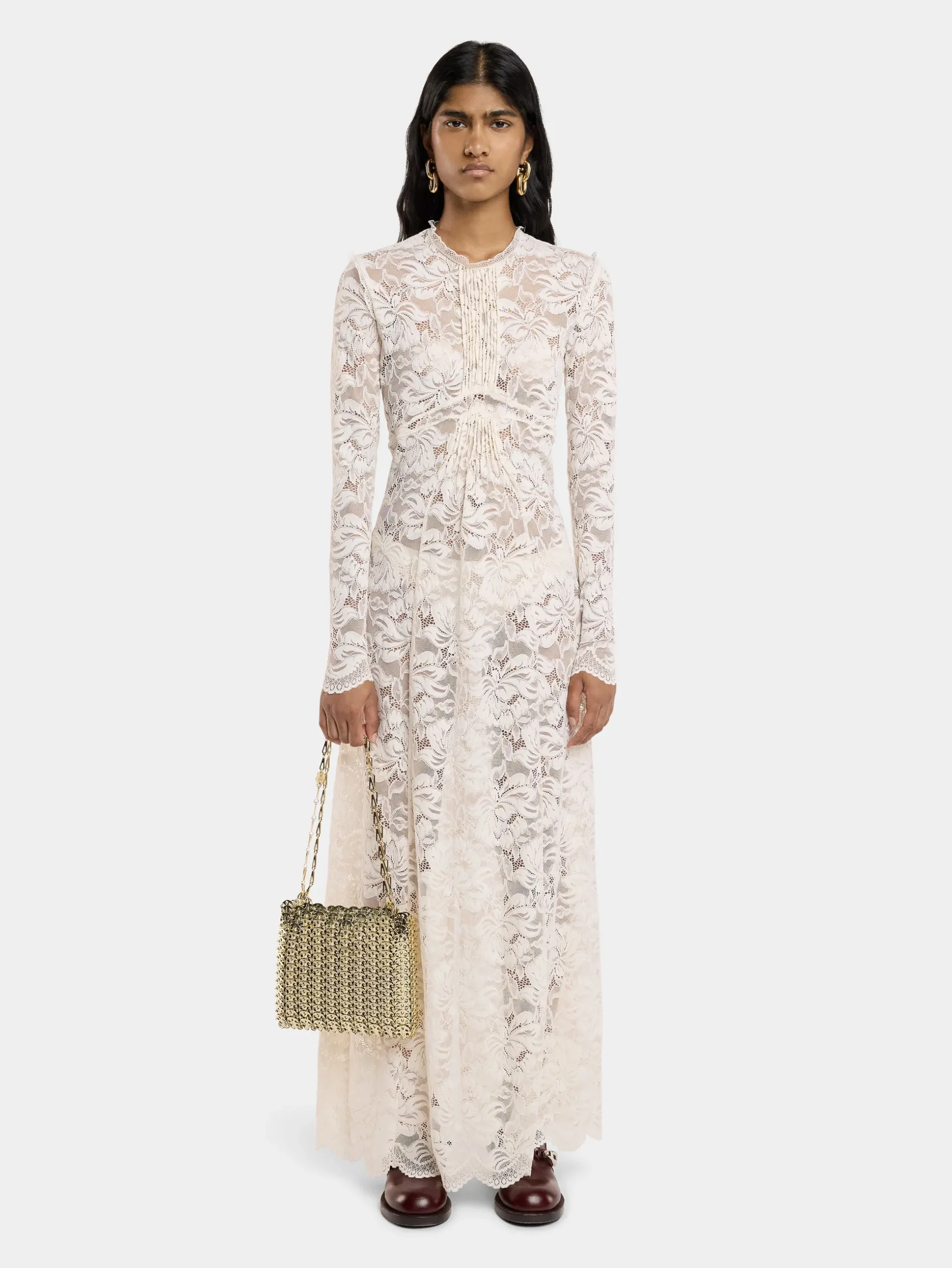 IVORY LONG DRESS IN LACE | Rabanne Store