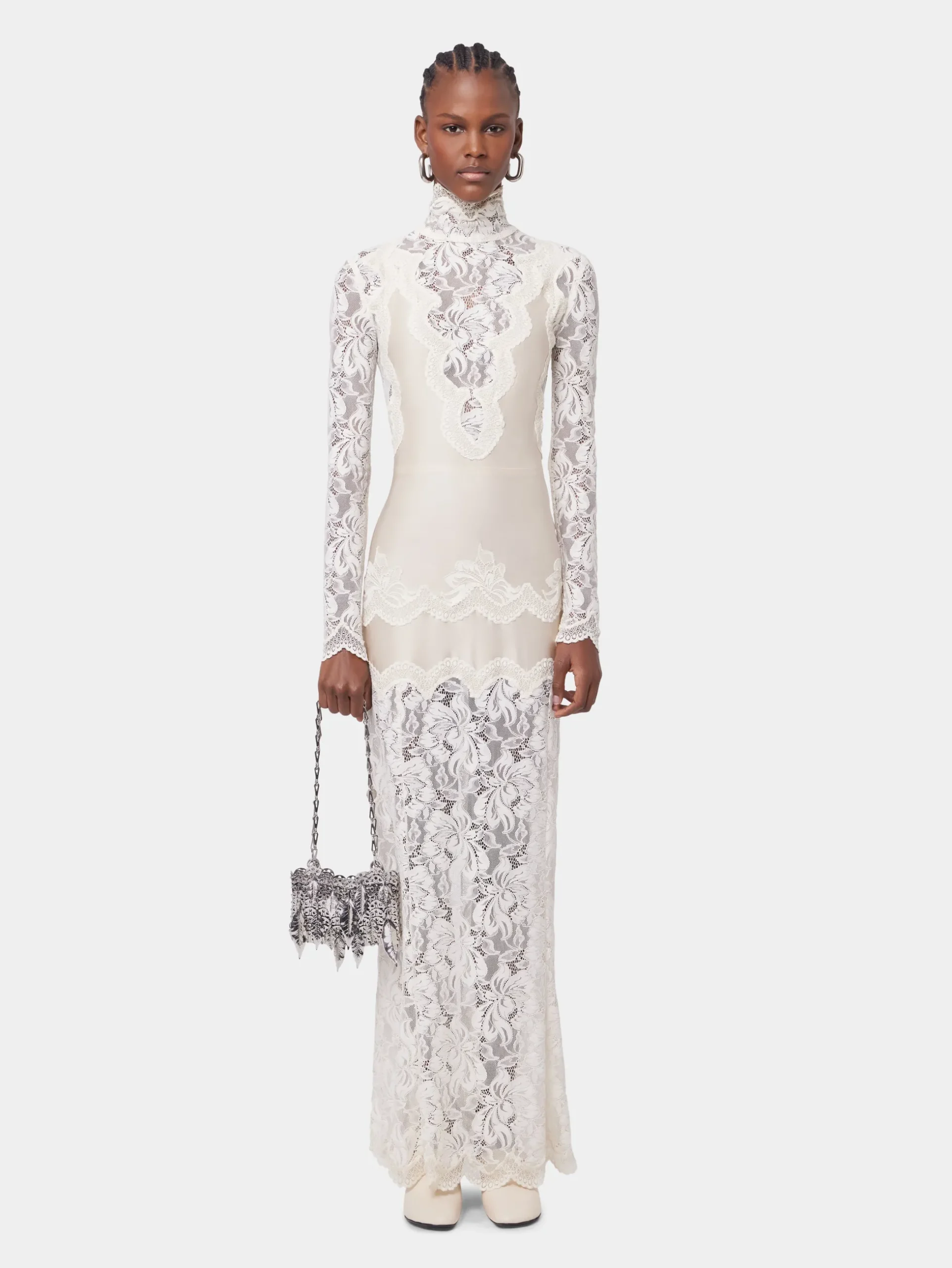IVORY LONG DRESS IN LACE AND JERSEY | Rabanne Cheap
