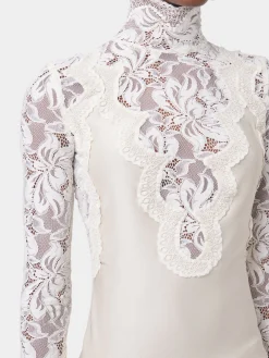 IVORY LONG SLEEVE TOP IN LACE AND JERSEY | Rabanne Outlet