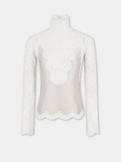 IVORY LONG SLEEVE TOP IN LACE AND JERSEY | Rabanne Outlet