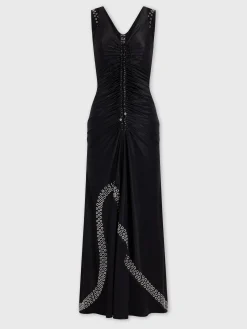 Long black dress with embroidered metallic eyelets | Rabanne Discount