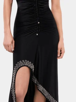 Long black dress with embroidered metallic eyelets | Rabanne Discount