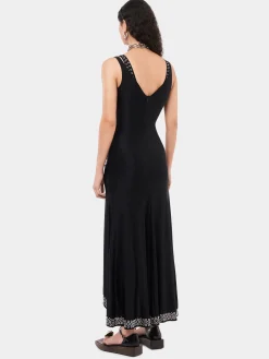 Long black dress with embroidered metallic eyelets | Rabanne Discount