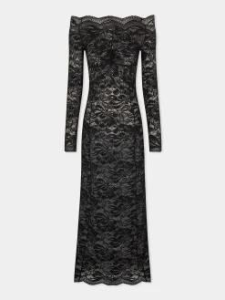 Long Black lace dress with bardot collar | Rabanne Store