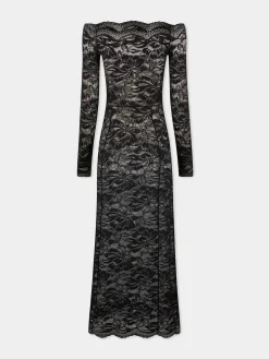 Long Black lace dress with bardot collar | Rabanne Store