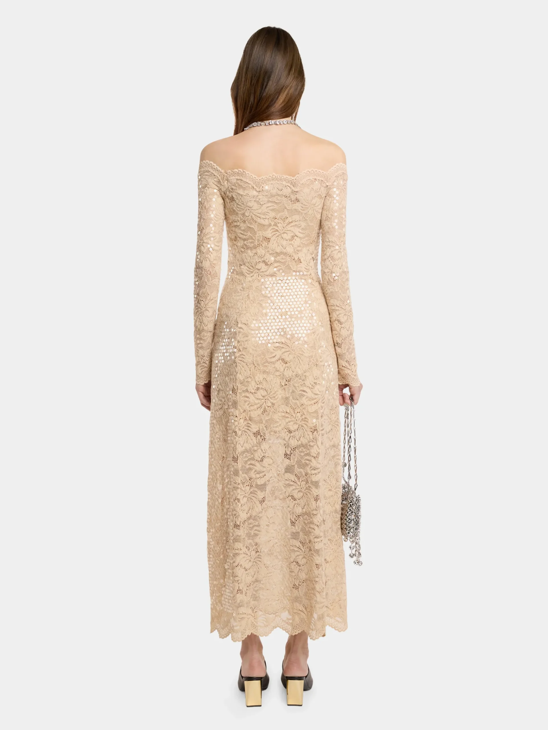 LONG DRESS IN SEQUIN-EMBROIDERED LACE | Rabanne Store