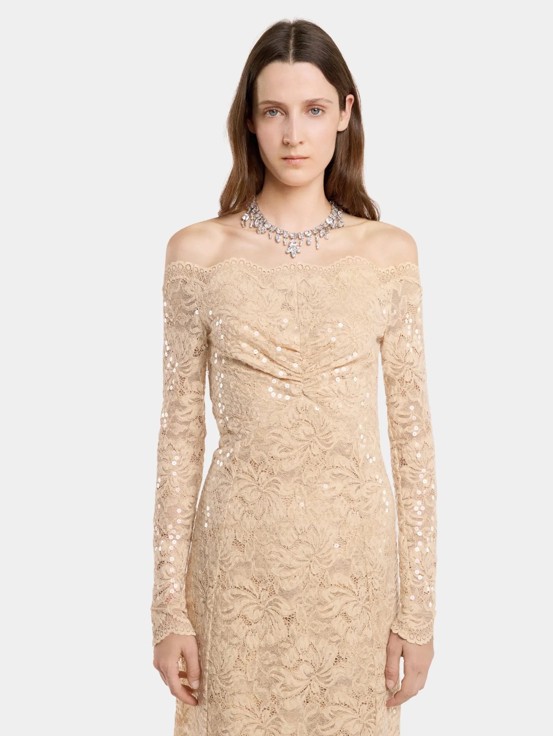 LONG DRESS IN SEQUIN-EMBROIDERED LACE | Rabanne Store
