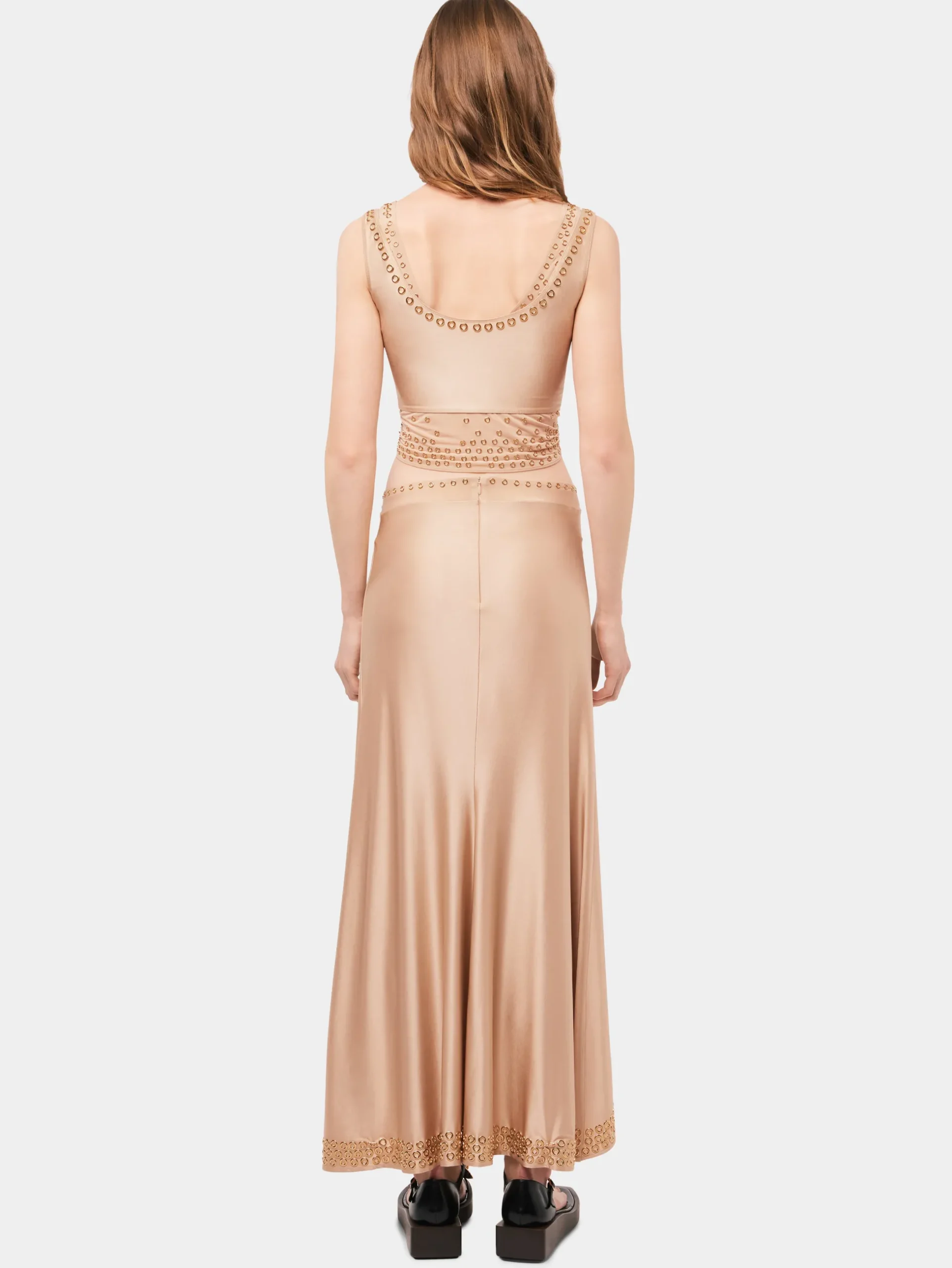 Long raffia colored skirt with embroidered metallic eyelets | Rabanne Sale