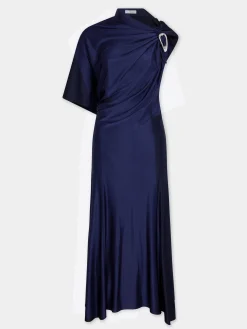 NAVY ASYMMETRICAL LONG DRESS IN JERSEY | Rabanne Best Sale