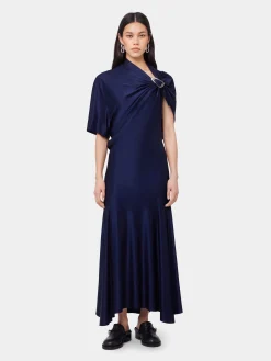 NAVY ASYMMETRICAL LONG DRESS IN JERSEY | Rabanne Best Sale