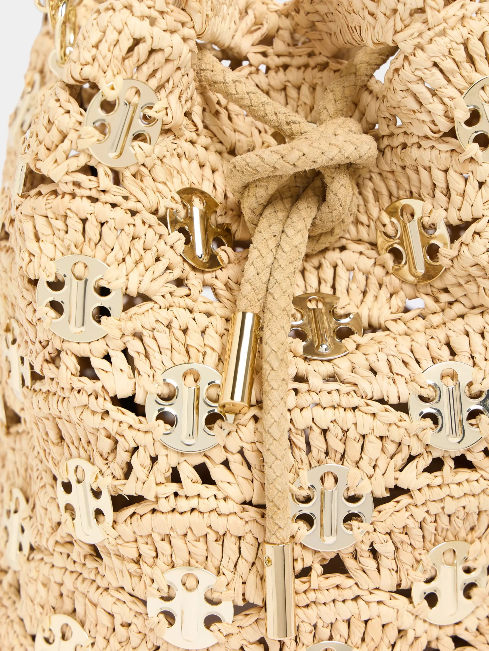 New Raphia wave bucket bag with signature 1969 discs | Rabanne Sale