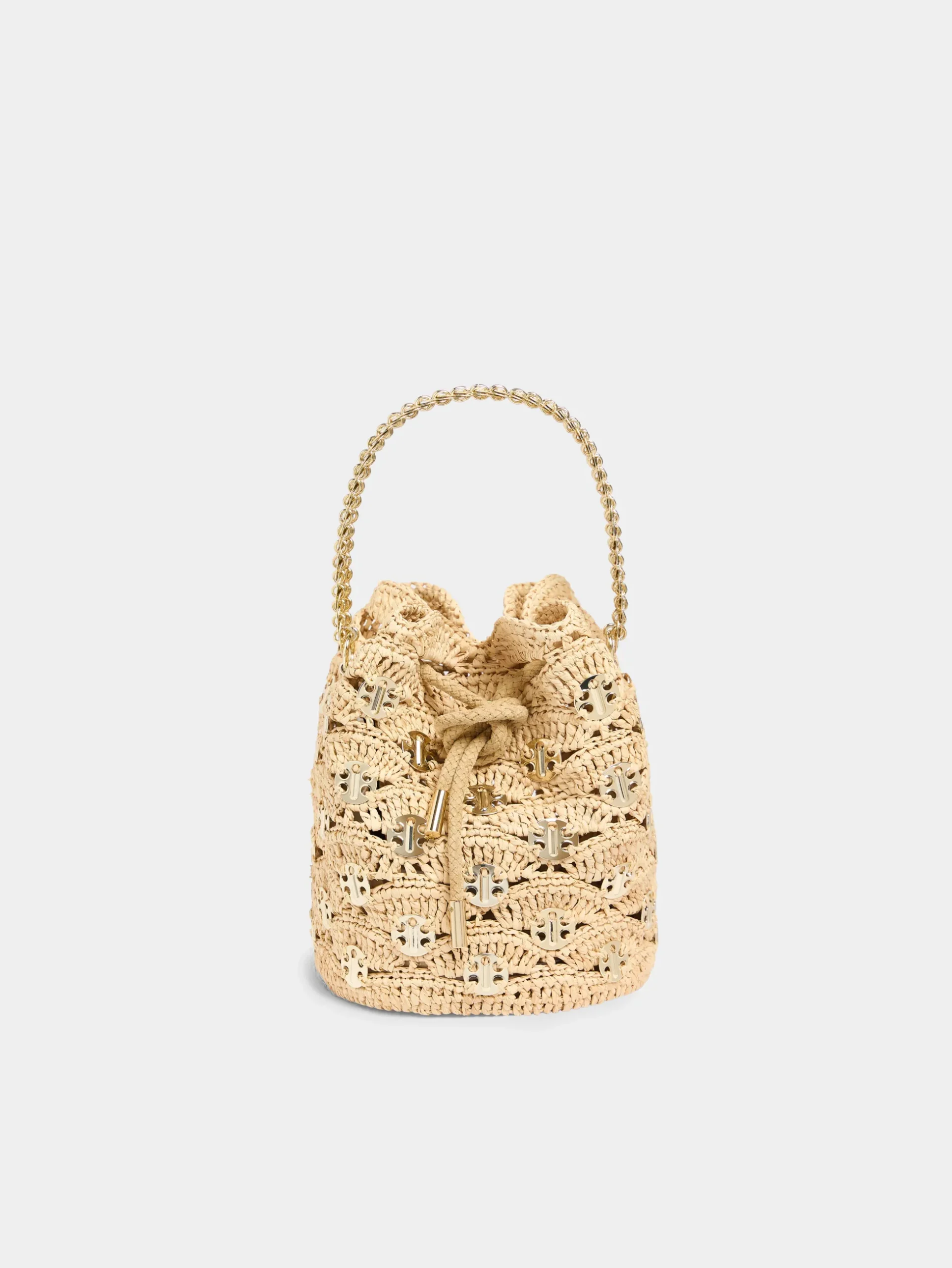New Raphia wave bucket bag with signature 1969 discs | Rabanne Sale
