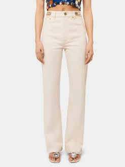 OFF WHITE DENIM FLARE JEANS WITH ASSEMBLY 1969 DISCS | Rabanne Store