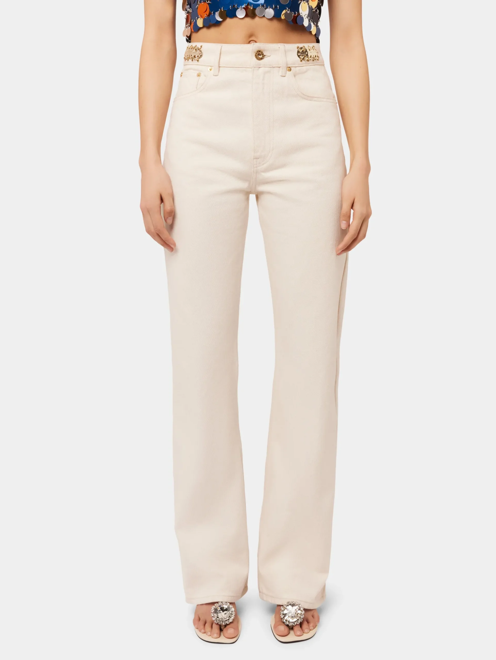 OFF WHITE DENIM FLARE JEANS WITH ASSEMBLY 1969 DISCS | Rabanne Store