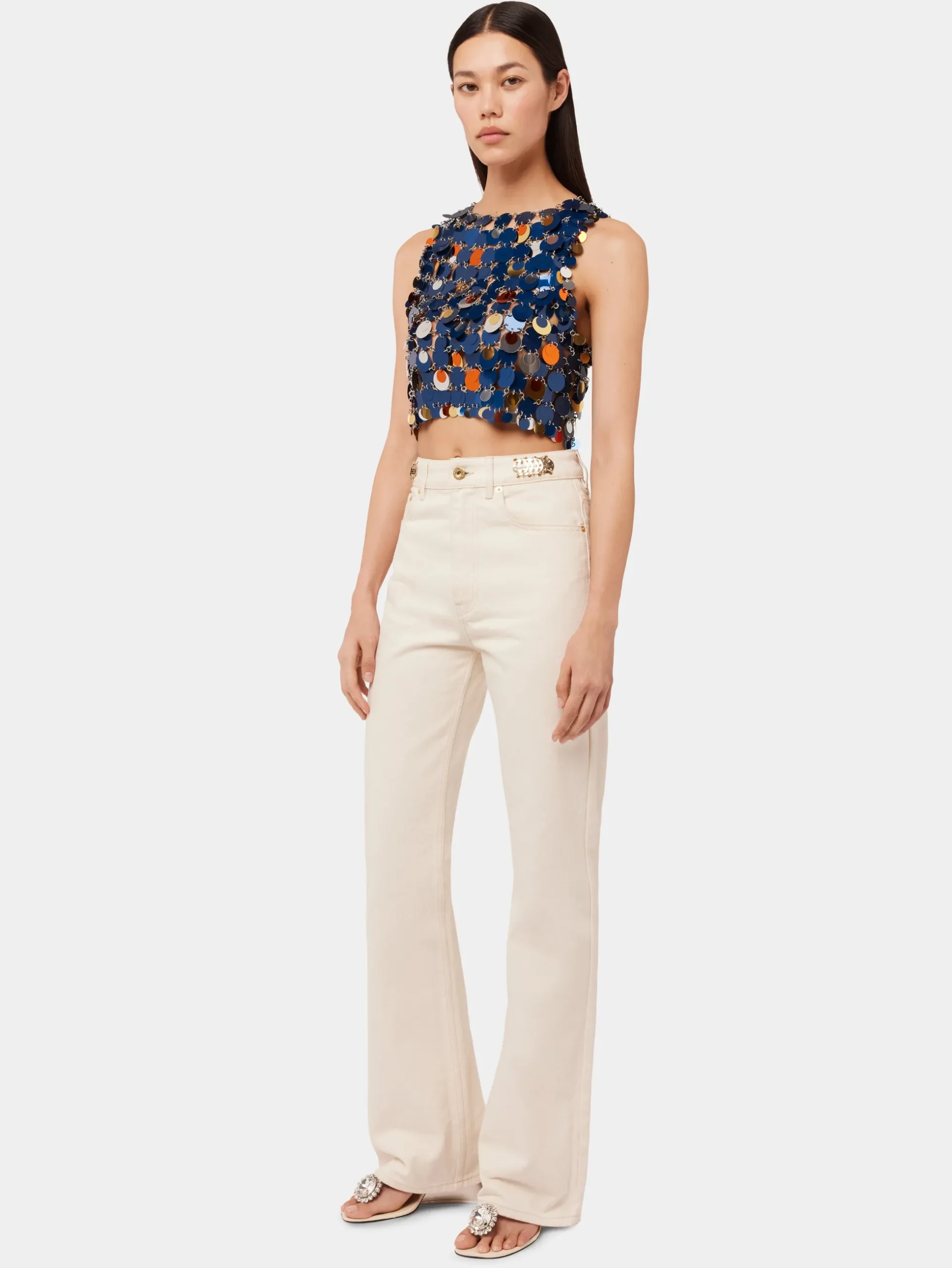 OFF WHITE DENIM FLARE JEANS WITH ASSEMBLY 1969 DISCS | Rabanne Store