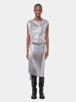 Silver drapé pression dress in chainmail | Rabanne Outlet