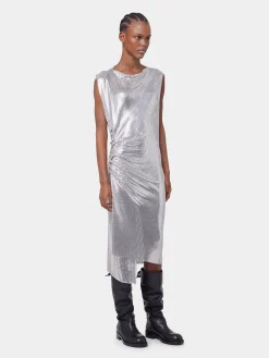 Silver drapé pression dress in chainmail | Rabanne Outlet