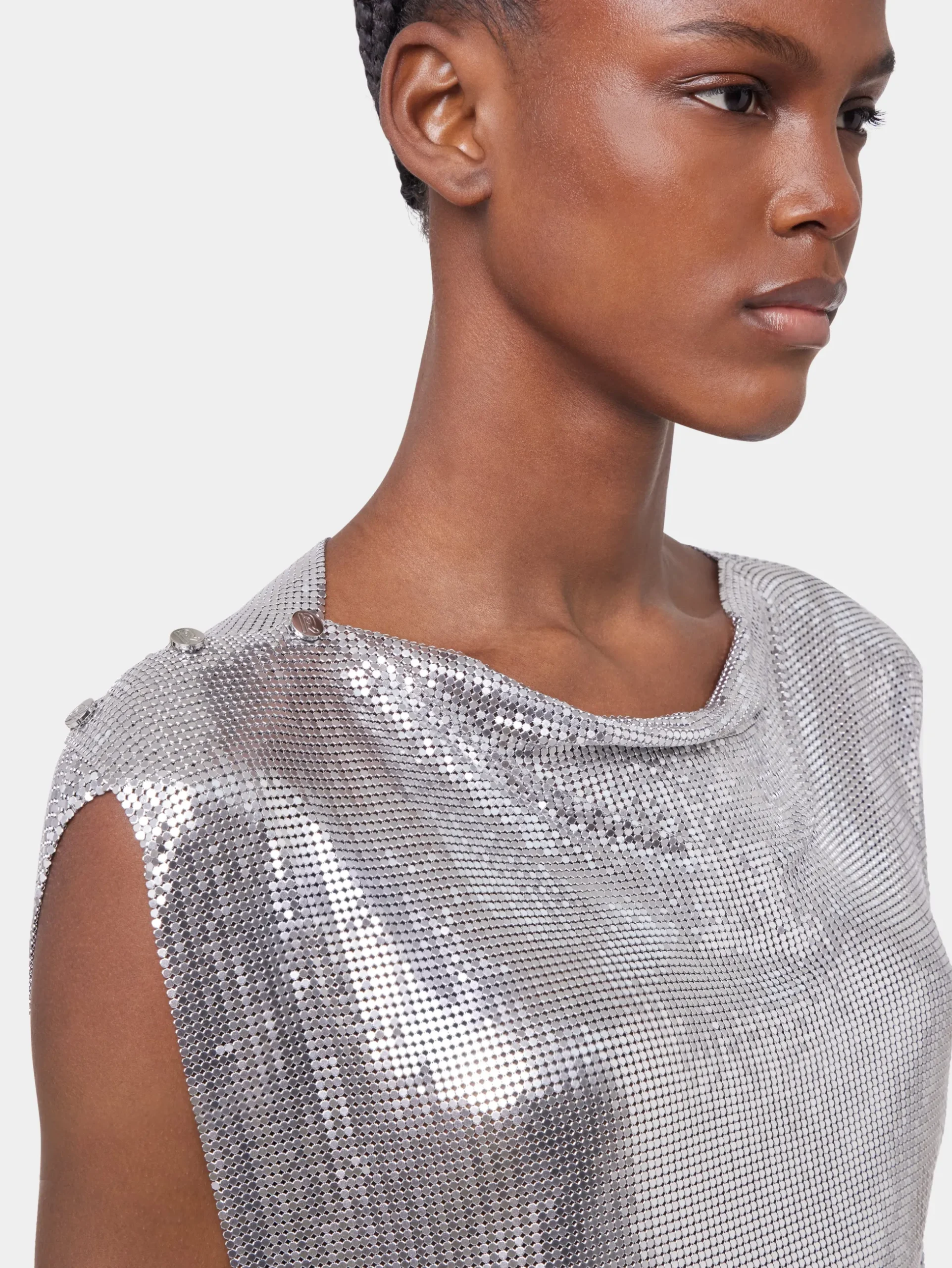 Silver drapé pression dress in chainmail | Rabanne Outlet