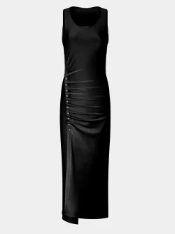 Sleeveless black drappé pression dress | Rabanne New