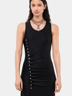 Sleeveless black drappé pression dress | Rabanne New