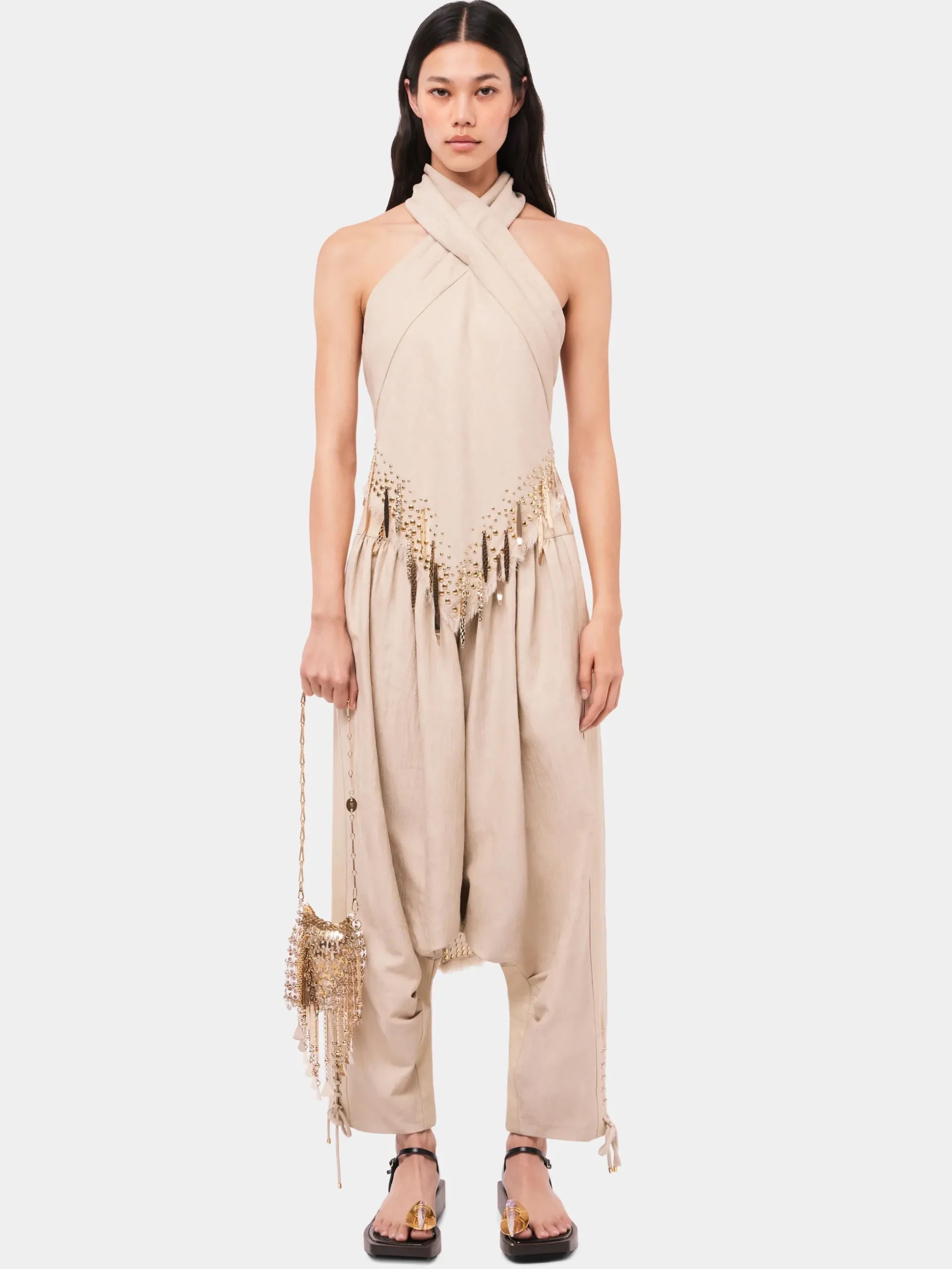 Tailored baggy sand colored pants in wool | Rabanne Flash Sale