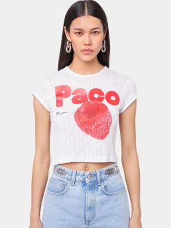 WHITE CROP TEE-SHIRT IN JERSEY POINTELLE | Rabanne Best