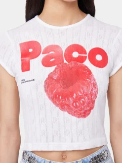 WHITE CROP TEE-SHIRT IN JERSEY POINTELLE | Rabanne Best